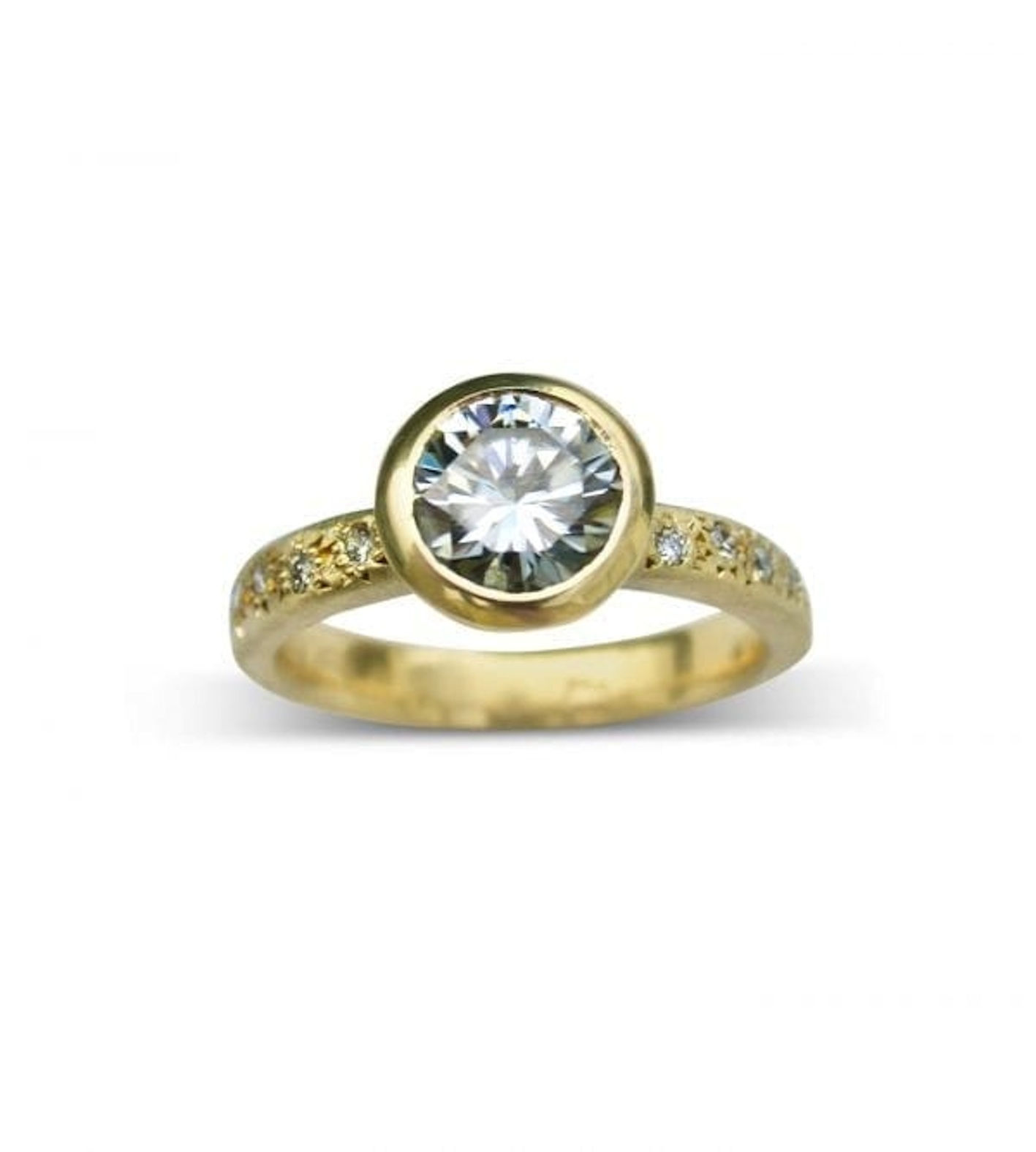 Pale grey moissanite 8mm yellow gold engagement ring wb.jpg